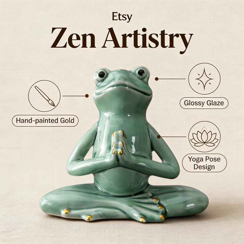 Green Ceramic Yoga Frog Figurine | Gold Accent Zen Decor - Etsy