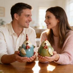 Könnte beinhalten: Zwei Keramik-Hühnerfiguren, eine blaue und eine grüne, jeweils mit rotem Kamm und Kehllappen. Die Figuren werden von zwei Personen gehalten. Die Hühner haben ein skurriles Design, perfekt für die Inneneinrichtung.