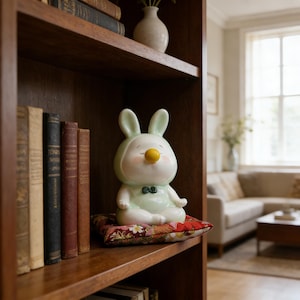 May include: A ceramic bunny figurine in a seated meditation pose, wearing a light green hooded outfit with a yellow nose and a small bow tie. It rests on a floral patterned cushion. The figurine is displayed on a wooden bookshelf with antique books.