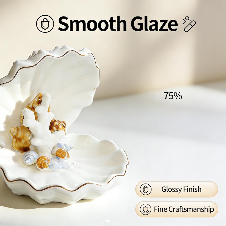 May include: A white ceramic seashell-shaped dish with a glossy finish, featuring a detailed coral and seashell arrangement. The dish has a gold trim and the text "Smooth Glaze". The image also includes the text "Glossy Finish" and "Fine Craftsmanship".
