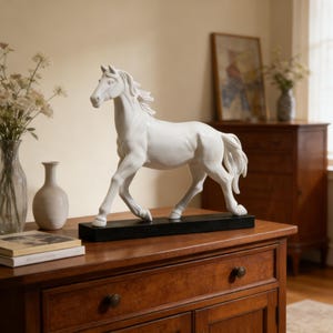 May include: A white ceramic horse sculpture in a walking pose, mounted on a black rectangular base. The horse has a flowing mane and tail, and is displayed on a wooden cabinet. The sculpture is a decorative home accent.