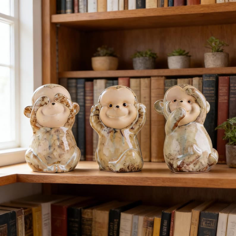 Rustic Monkeys Handmade Ceramic Three Wise Monkeys – Rustic Marbled Glaze Decor - Etsy