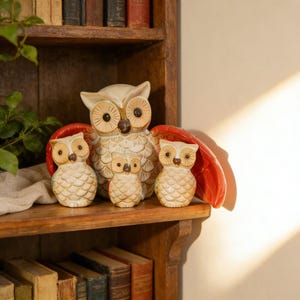 May include: A collection of ceramic owl figurines in varying sizes, arranged on a wooden shelf. The owls are primarily cream-colored with brown and orange accents. The shelf is part of a vintage bookshelf filled with old books.