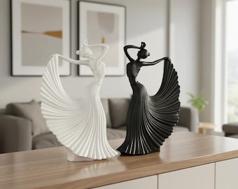 Conjunto de esculturas de dama bailarina Art Déco, estatua de resina en blanco y negro