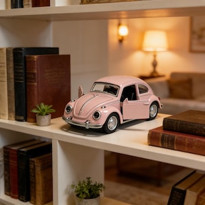 May include: A pink toy car, reminiscent of a classic design, with an open door, is displayed on a white shelf. The car features black tyres and chrome detailing. The shelf is part of a bookcase with books and small potted plants. A lamp and sofa are in the background.