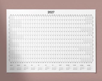 May include: A white 2027 wall calendar featuring a horizontal grid layout with months listed vertically and days horizontally. The design includes shaded boxes for non-calendar days and a small monthly reference calendar at the bottom. Text reads 2027 and BY TUKEKESDESIGN.