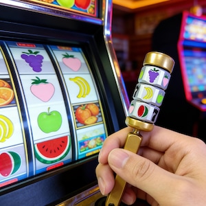 May include: A gold-colored slot machine handle with fruit symbols. The handle is being held in front of a slot machine with fruit symbols on the reels. The handle has a series of small, rotating cylinders with fruit images.