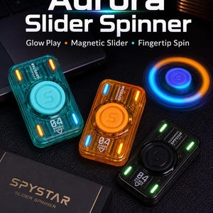 May include: Three Aurora Slider Spinners in teal, orange, and black, with the text "Aurora Slider Spinner" above them. Each spinner has a central button and LED lights. The image also shows a spinning spinner with a blue and orange glow.