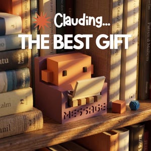 Peut inclure: Une petite figurine cubique orange et violette représentant un personnage assis sur une chaise et tapant sur un clavier. La base de la figurine porte le mot MESSAGE en lettres découpées. Le texte Clauding... THE BEST GIFT apparaît au-dessus.