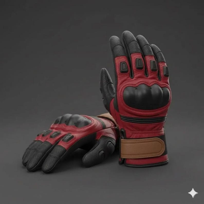May include: A pair of red and black motorcycle gloves. The gloves have black knuckle protectors and a brown wrist strap. The gloves are made of leather and have a padded design for protection. The gloves are designed for motorcycle riding.