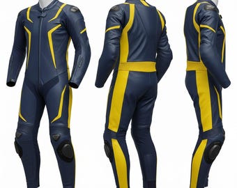 Blue & Yellow Cowhide Leather Motorcycle Racing Suit - Track Ready