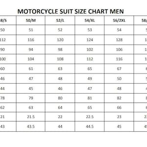 May include: A motorcycle suit size chart for men, with measurements for shoulder, chest, waist, hip, thigh, knee, calf, inseam, sleeve length, wrist, and knee to ankle. Sizes range from 48/S to 60/4XL.