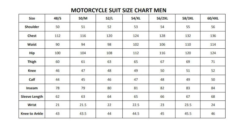 May include: A motorcycle suit size chart for men, with measurements for shoulder, chest, waist, hip, thigh, knee, calf, inseam, sleeve length, wrist, and knee to ankle. Sizes range from 48/S to 60/4XL.