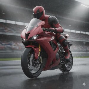 May include: A red sport motorcycle races on a wet track. The rider wears a matching red racing suit and helmet. The motorcycle has a black tire and a clear windshield. The background shows a blurred stadium and rain.