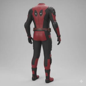 May include: A red and black costume with a belt and gloves. The costume has a red torso and legs, with black arms and lower legs. The back of the costume features two white eye shapes.