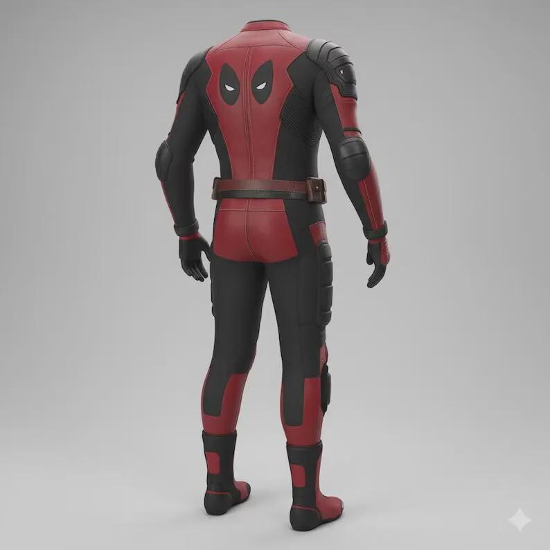 May include: A red and black costume with a belt and gloves. The costume has a red torso and legs, with black arms and lower legs. The back of the costume features two white eye shapes.