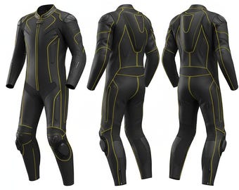 Traje de moto de cuero negro y amarillo personalizado: piel de competición de grano completo