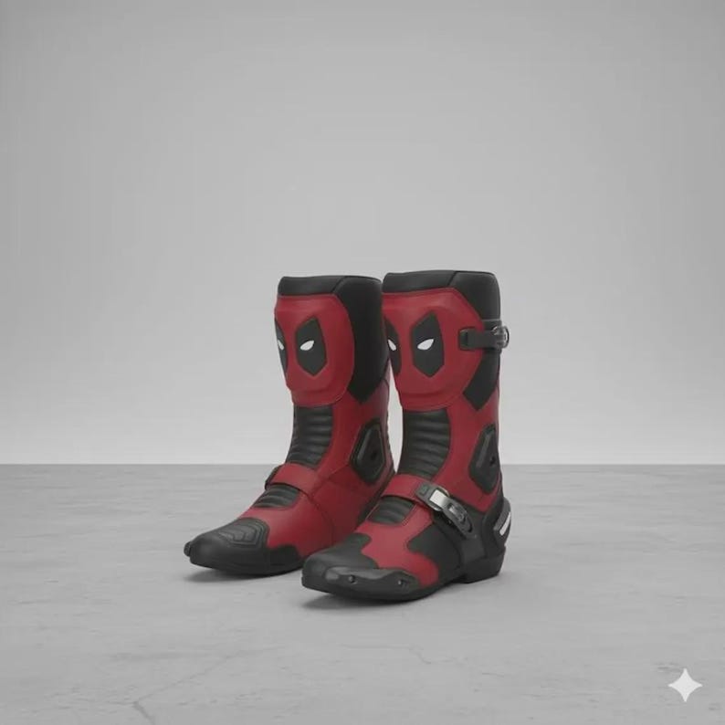 May include: A pair of red and black motorcycle boots with a Deadpool design. The boots have a high-top design with buckles and a Deadpool mask graphic on the front. The boots are made of a durable material.