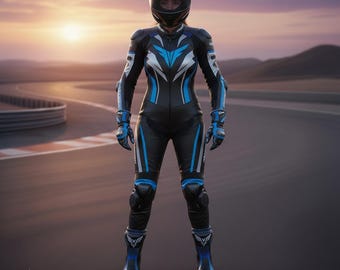 Handcrafted Leather Motorcycle Racing Suit – Blue Accents, CE Protection