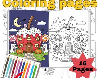 Kawaii Halloween Coloring Pages, Spooky Ghost, Magical Houses (PDF Download A4 Size)