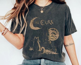 T-shirt vintage dei The Cure con gatto e luna, merchandising dei The Cure anni '90, t-shirt unisex dei The Cure, merchandising di gruppi rock retrò anni '90, regalo per i fan