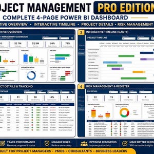 Project Management Dashboard Pro Edition (4 Pages) | Power BI PMO Portfolio Tracker, KPI, Timeline, Risk Template | Instant Download