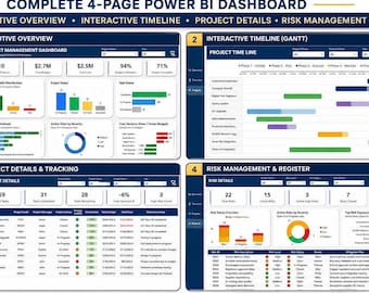 Project Management Dashboard Pro Edition (4 Pages) | Power BI PMO Portfolio Tracker, KPI, Timeline, Risk Template | Instant Download