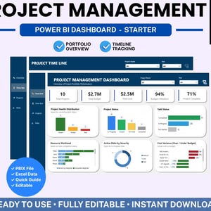 Project Management Dashboard Starter (2 Pages) | Power BI Portfolio Overview + Timeline Tracker Template | Instant Download