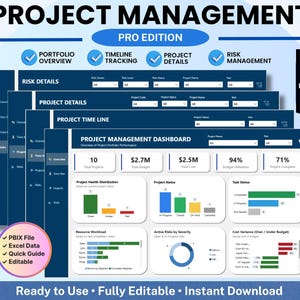 Pode incluir: Um modelo de painel de gestão de projetos digital com quatro páginas interativas, incluindo visão geral do portfólio, rastreamento de cronograma, detalhes do projeto e gestão de riscos. A interface exibe visualizações de dados, gráficos e métricas em azul e branco.
