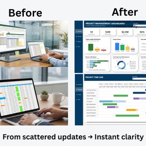 May include: A split image shows a before and after comparison of project management data. The "Before" image displays spreadsheets on a monitor and laptop. The "After" image shows a dashboard with charts and graphs. Text reads "From scattered updates &rarr; Instant clarity."