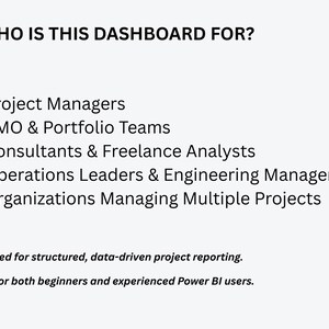 May include: A light-colored graphic lists who the dashboard is for: Project Managers, PMO & Portfolio Teams, Construction & Engineering Teams, Consultants & Freelance Analysts, Operations Leaders & Engineering Managers, and Organizations Managing Multiple Projects.