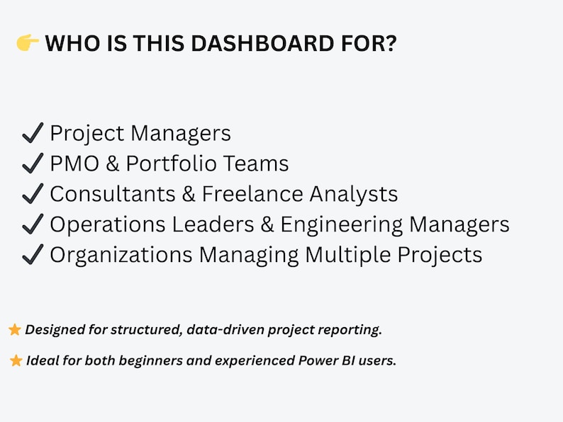 May include: A light-colored graphic lists who the dashboard is for: Project Managers, PMO & Portfolio Teams, Construction & Engineering Teams, Consultants & Freelance Analysts, Operations Leaders & Engineering Managers, and Organizations Managing Multiple Projects.