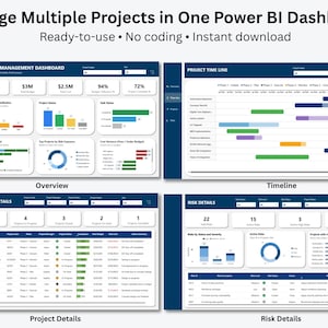 May include: A Power BI dashboard image with four sections: Overview, Timeline, Project Details, and Risk Details. The dashboard displays project management data, including budget, task status, and risk assessment. The text reads "Manage Multiple Projects in One Power BI Dashboard."