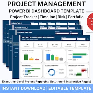 Project Management Power BI Dashboard Template Bundle | Project Tracker, Timeline, Risk & Portfolio Reporting | Editable | Instant Download