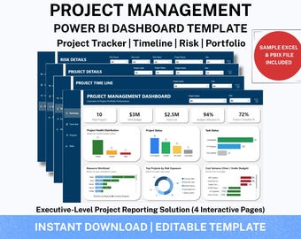 Project Management Dashboard Pro (4 Pages) | Power BI PMO Portfolio Tracker, KPI, Timeline, Risk Template | Instant Download