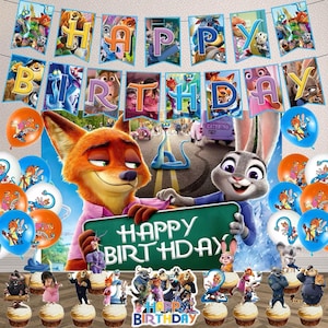 Peut inclure: Un ensemble de décorations d'anniversaire colorées avec des personnages d'un film d'animation populaire. L'ensemble comprend une bannière avec "Happy Birthday", des ballons, des décorations de cupcakes et une pancarte avec "Happy Birthday".