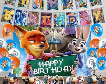Zootopia 2 Birthday Party Decorations Set, Zootopia Theme Backdrop Banner Balloons Cake Topper, Kids Cartoon Animal Party Supplies