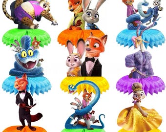Zootopia-feeststuk Fox & Bunny-feestdecorset/verjaardagstafeldecoraties Judy Nick Honingraatdecor