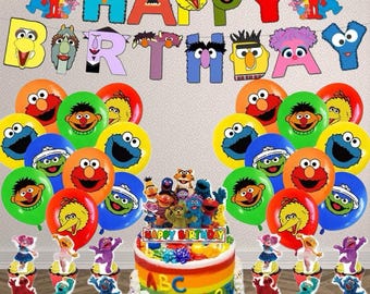Sesamstraat Verjaardagsfeestje Benodigdheden/Kinderfeestdecoraties-banners, ballonnen, taarttopper, cupcaketopper, uitnodigingskaarten