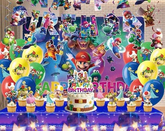 Mario Game-set met verjaardagsfeestjes | Feestdecoratieset paddenstoel | Banner wervelingen ballonnen achtergrond tafelkleed taarttopper | Spelfeest voor kinderen