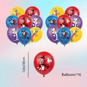 K&ouml;nnte beinhalten: Ein Set aus 16 bunten Luftballons mit Cartoon-Charakteren. Die Ballons sind in Rot, Blau, Gelb und Lila gehalten. Ein roter Ballon hat einen Durchmesser von 30 cm. Der Text "Balloons*16" ist ebenfalls enthalten.