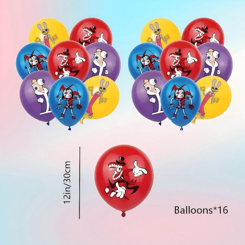 K&ouml;nnte beinhalten: Ein Set aus 16 bunten Luftballons mit Cartoon-Charakteren. Die Ballons sind in Rot, Blau, Gelb und Lila gehalten. Ein roter Ballon hat einen Durchmesser von 30 cm. Der Text "Balloons*16" ist ebenfalls enthalten.