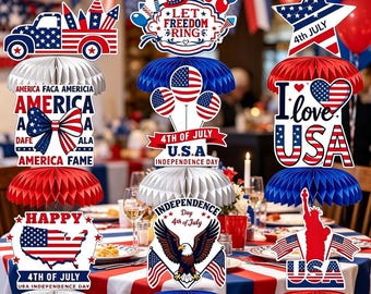 Onafhankelijkheidsdag feestdecoratie, 4 juli honingraat tafelstuk set, VS 250e verjaardag patriottische feestset, rood wit blauw