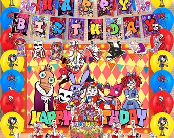 Digitale circus verjaardagsfeestje decoraties, geweldige circus achtergrond banner ballonnen taarttopper cupcake toppers feestset, pomni-feestdecor