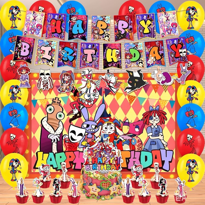 Op de afbeelding: Een feestelijke verjaardagssc&egrave;ne met ballonnen, banners en een taart. De decoraties bevatten stripfiguren en de woorden "Happy Birthday". Ballonnen zijn rood, blauw en geel. De taart is versierd met glazuur en stervormige sprinkles.
