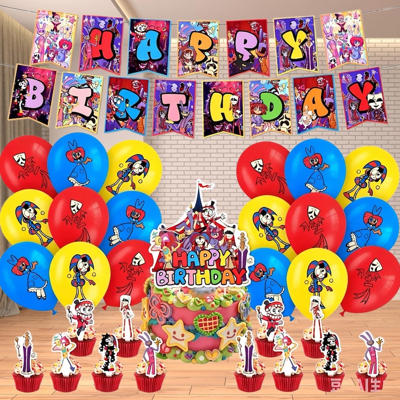 Op de afbeelding: Een feestelijke verjaardagssc&egrave;ne met een taart, ballonnen en decoraties. De taart is versierd met een "Happy Birthday" topper en stripfiguren. Ballonnen zijn rood, blauw en geel. Een banner spelt "Happy Birthday".