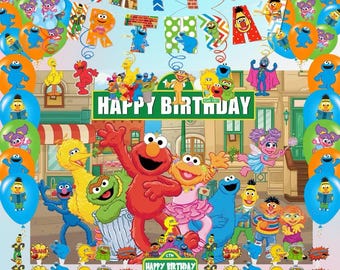 Sesamstraat verjaardagsfeestje decoraties, Sesamstraat verjaardagsfeestje kit voor kinderen, banners, ballonnen, achtergrond en taarttopper
