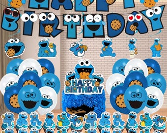 Koekjesmonster Verjaardagsfeestje Decoraties Set, Sesamstraat Feestpakket, Banner Ballonnen Taarttoppers Cupcake Toppers, Kinderverjaardagsbenodigdheden
