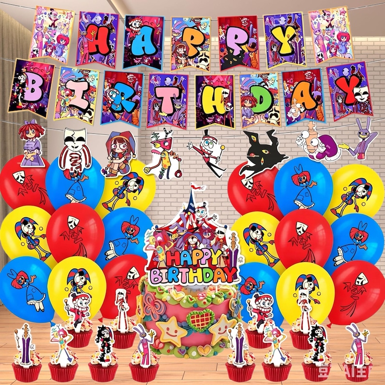 Op de afbeelding: Een feestelijke verjaardagspartij met een taart, ballonnen en versieringen. De taart is versierd met sterren en een "Happy Birthday"-topper. Ballonnen zijn rood, geel en blauw. Een banner spelt "Happy Birthday". Cupcakes met karaktertoppers zijn ook aanwezig.