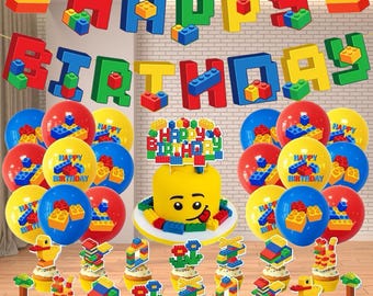 Bouwstenen Verjaardagsfeestje Decoraties Set Baksteen Gelukkige Verjaardag Banner, Ballonnen, Taarttoppers, Hangend Decor Thema Feestartikelen